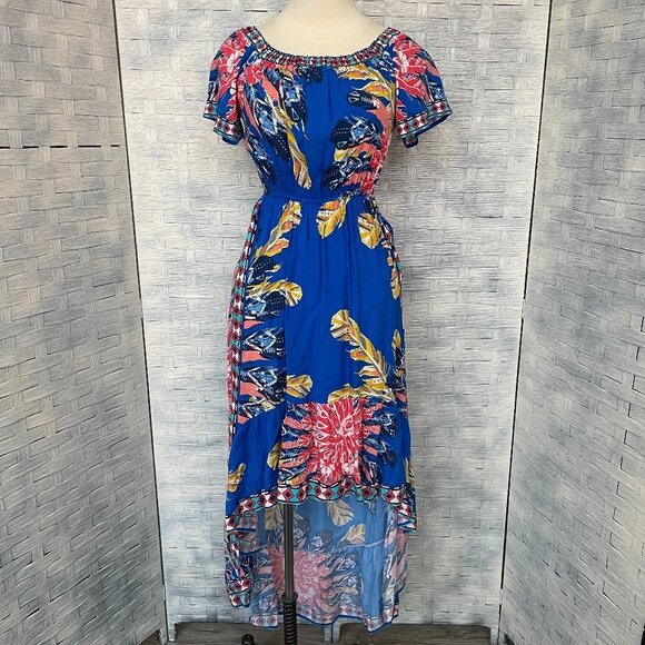 Flying Tomato Womens Small Blue Floral Print High Low Off Shoulder Smocked Maxi - Picture 1 of 7